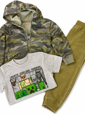 Cat & Jack Boys Outfit Bundle | Camo Hoodie Joggers + Minecraft T-Shirt Set